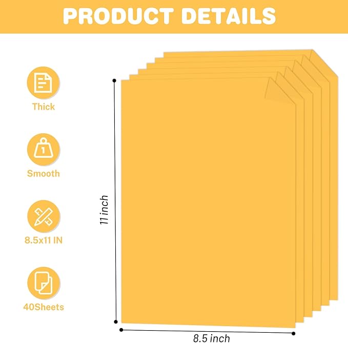 Cardstock 8.5 X 11, 40 Sheets Yellow Card Stock, 75lb/ 200gsm Copy Paper, Cardstock Printer Paper For Art, Drawing, Invitations, DIY Cards, Watercolor, Craft, Construction, School & Office Supplies