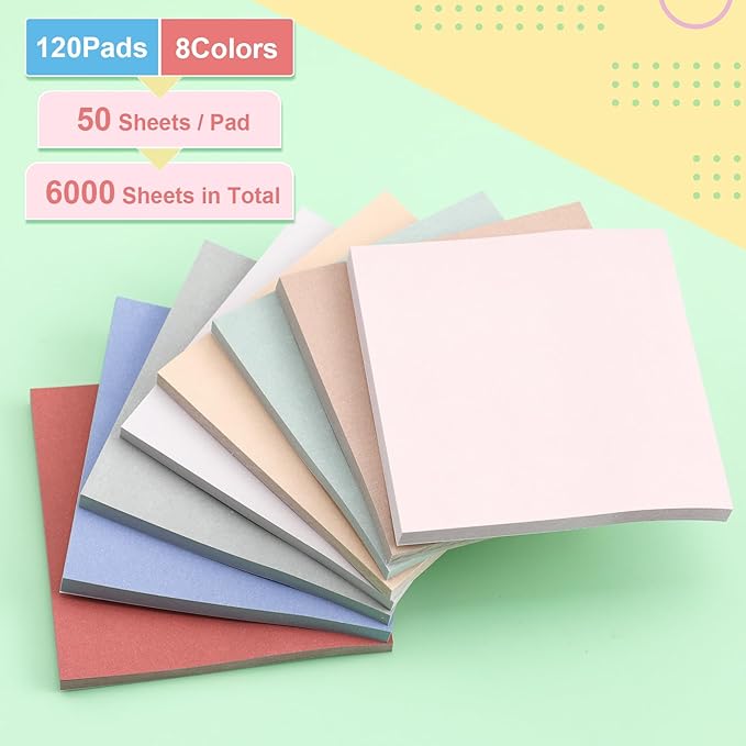 Fainne 120 Pack Sticky Notes Bulk Back to School Supplies Self Stick Note Pads Paper Memo for Office First Day of School Student Teacher Essentials (3x3 Inch,Pastel Color)
