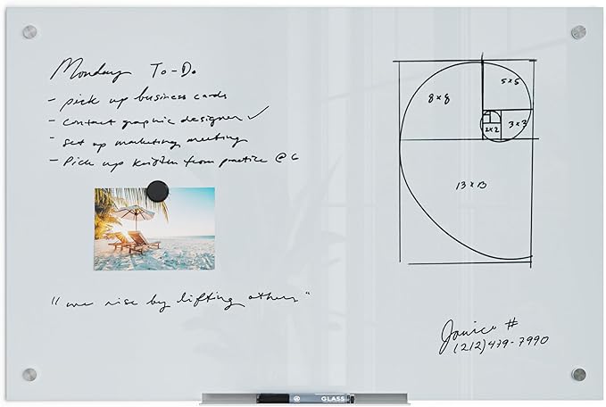 U Brands Magnetic Glass Whiteboard, 24” x 36" Inches, White Frosted Surface, Frameless, Only for Use with HIGH Energy Magnets, Dry Erase Board for Office, School, Home