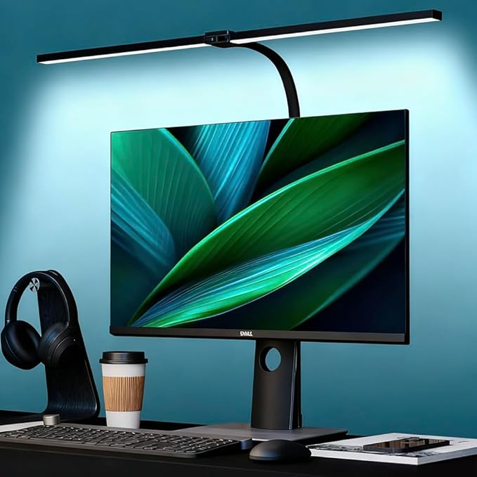 LED Desk Lamp for Office Dorm Home - Eye Caring Desk Light with Timer, Remote Control 24W 5 Color Brightest Dual Screen Computer Monitor Gooseneck Dimmable Table lamp with Anti-Glare Cover Clamp