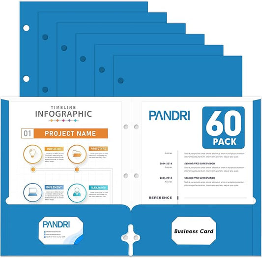 Two Pocket Portfolio Folders, PANDRI 60 Pack 3 Hole Punched 2 Pocket Folders for 3 Ring Binder, Letter Size Paper File Folder for School Office Home Business, Blue