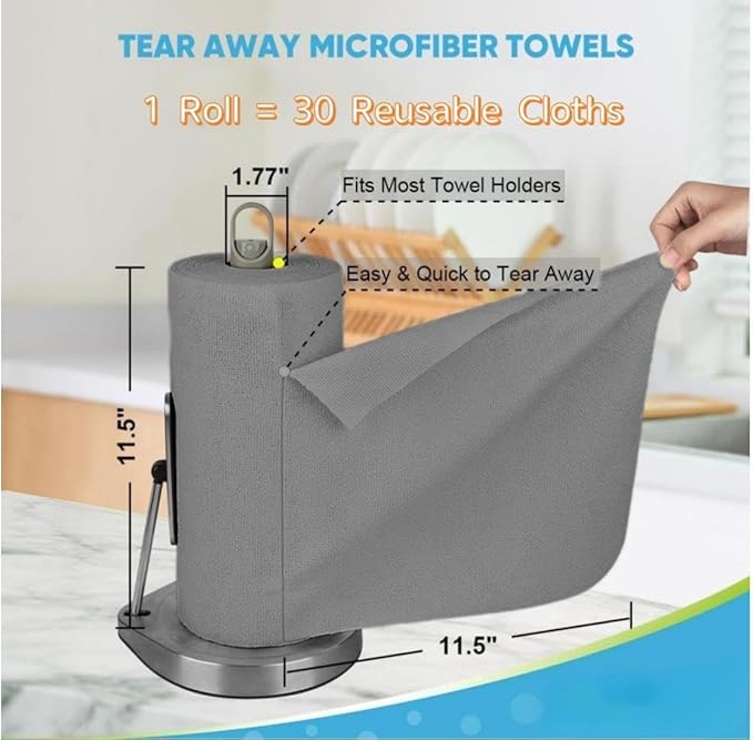 MRIGHT Gray Microfiber Cleaning Cloths Roll, 12x12 Inch, 60 Sheets-2 Rolls, Reusable, Machine Washable, Super Absorbent, Lint Free, Tear Away Design (2)