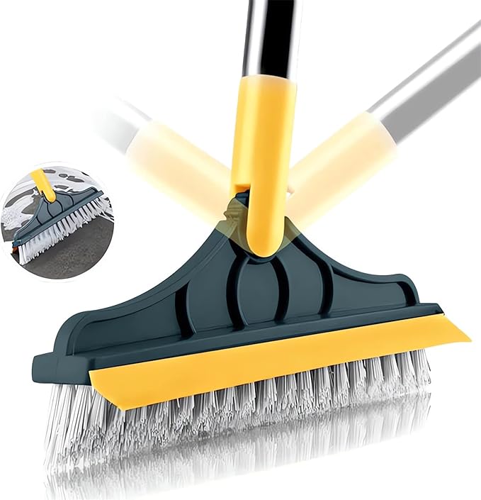 Cleaning Scrub Brush with Long Handle Heavy Duty - 2023 New Shower Powerful 2-in-1 Cleaning Tool with Soft Scraper Squeegee, V-Shaped Bristles Scrubber Deck Brush (Khaki)