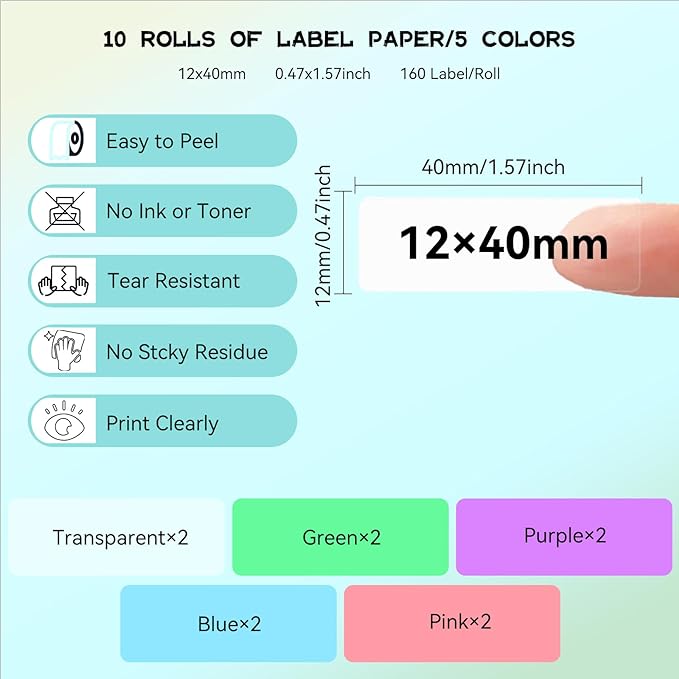 EEBBL D30 P21 Label Maker Tape Refill 12mm×40mm(0.47"x1.57") Sticker, Laminated Thermal Label Tape Replacement, 1650 Labels/10Rolls, High Definition Labeling Tape for Home Office School Hotel
