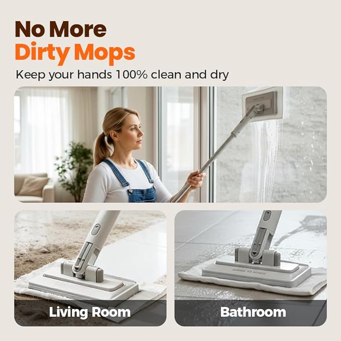 Snap Grip Mini Mop,Mini Sweeper Mop No-Touch Dirty Cleaning Flat Dust Mop for Dry Wet Disposable Pads,Corners Wall Multi Surface Cleaning (White 10.2x48.4 inch)