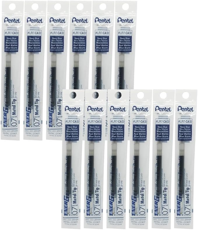 Pentel Refill Ink for EnerGel RTX Retractable Gel Pen, 12 Pack, 0.7mm, Medium Point, Navy Blue (LR7-CA)