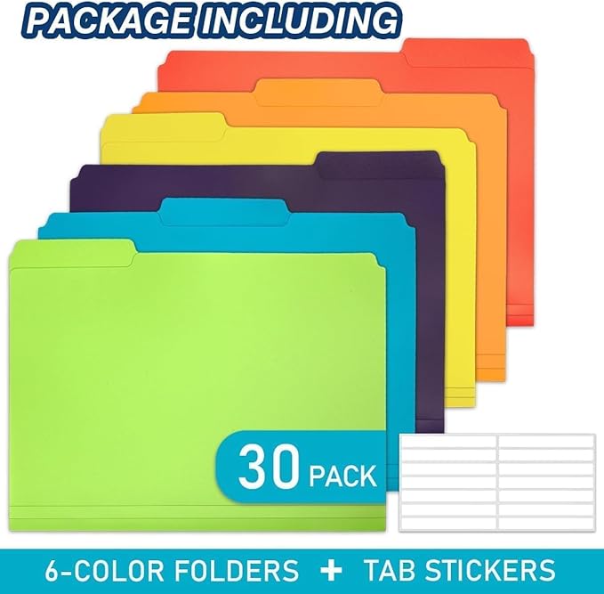 H4D 30 Pack Colored File Folders, Plastic Manila Folders with 1/3-Cut Tabs, Letter Size Home School Office Supplies for Document Filing, 6 Colors