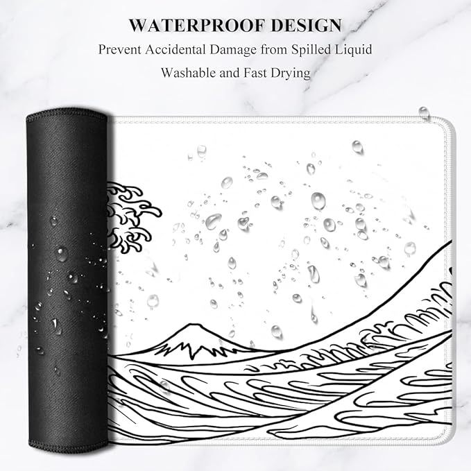 Auhoahsil Large Mouse Pad, XXL Gaming Mousepad, Desk Mat for Desktop, Thick Rubber, Big & Long Size, Stitched Edges, Full Desk Pad for Laptop & Computer, Extended 35.4 x 15.7 in, White Great Wave