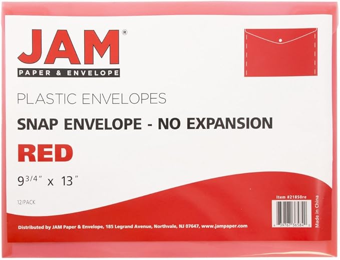 JAM PAPER Plastic Envelopes with Snap Closure - Letter Booklet - 9 3/4 x 13 - Red - 12/Pack