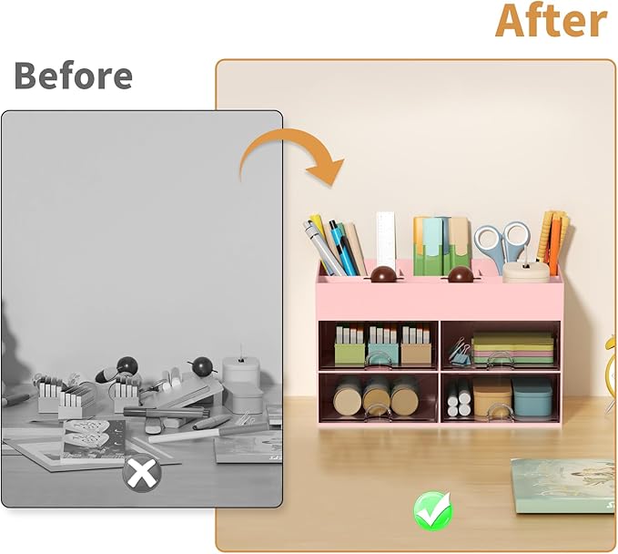 Marbrasse Pen Organizer with 4 Drawer, Multi-Functional Pencil Holder for Desk, Desk Organizers and Accessories with 4 Compartments + Drawer for Office Art Supplies (pink)