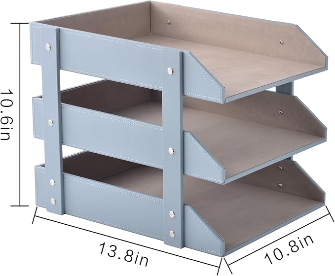 Leather Desk Organize Holder,3-Layer Stackable Letter Tray,Used to Store documents,Folders,Stationery,Magazines,Paper,and Other Home Office Supplies,Desk File Rack (Grey)