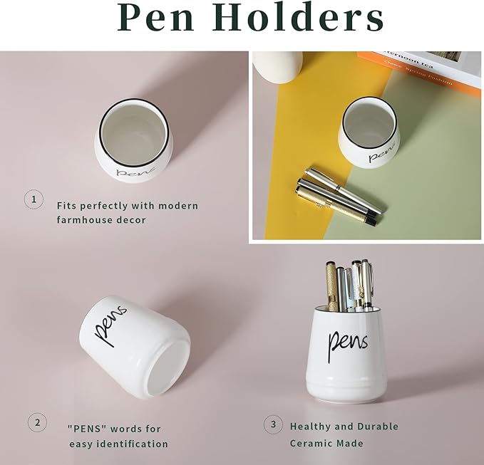 LEEOTYI Ceramic Farmhouse Pen Holder for Desk, Pencil Organizer 16 oz (White)