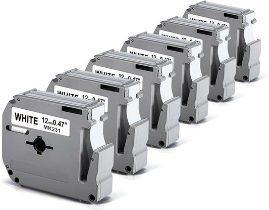 Labelife M-K231 Compatible Label Tape Replacement for Brother PTouch M Tape M231 MK231 M-231 M-K231S 12mm 0.47 Inch, for Brother PTouch PT-M95 PT-85 PT-75 PT-65 Label Makers, Black on White, 6 Pack