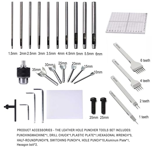 Leather Hole Puncher Hand Punching Machine Manual Press Puncher Punch Tools for DIY Craft (with Chuck, PP Plate and 20 pcs Tools and Aluminum Plate for Leather DIY Craft)