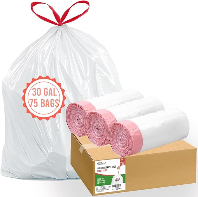 30 Gallon Trash Bags Drawstring, 75 Count, White & Unscented, Multi-purpose Garbage Bags Can Liners for Business Home Kitchen Commercial and Industrial
