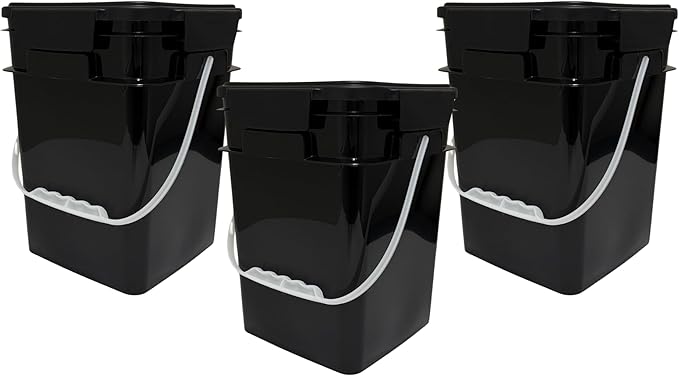 House Naturals 4 Gallon Square Buckets with lids- Made in USA Container- Pack of 10 (Black - Black lids)