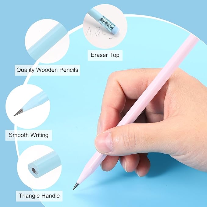 PATIKIL Round Pencils, 24 Pcs Triangle HB Graphite Pencil Wooden Pencils with Eraser for Classroom Office Writing Drawing Supplies, Blue