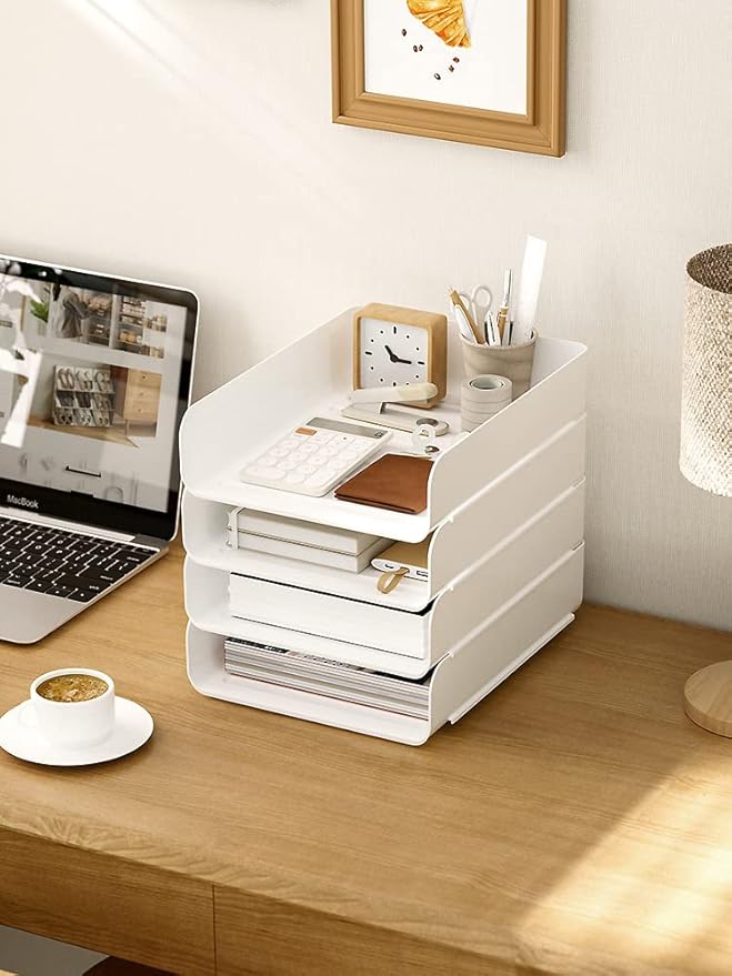 (4pcs Pack) HKeeper Stackable Paper Trays,Letter Tray Organizer,Office Desktop Organizer,A4 Paper Holder,Supplies Magazine,File Documents,Receipts（White,Regular）