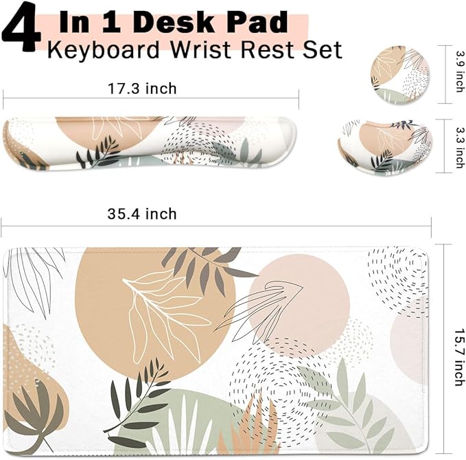 Keyboard Mouse Pad Set, Extended Mouse Pad+Keyboard Wrist Rest Support, Memory Foam Ergonomic Easy Typing, 4Pcs (35.4×15.7 in) Desk Pad Set for Home Office Study Game - Minimalist