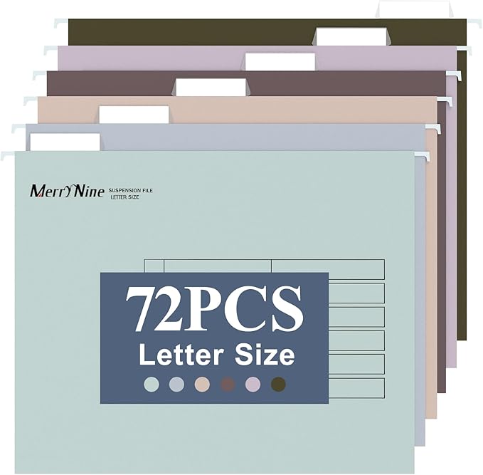 Merrynine 72pcs Hanging File Folders Letter Size, Paper Filing Cabinet Folders Organizer with 1/5-Cut Tabs and Inserts, Suspension File Organizers for Office School Home Hospital, Assorted Colors