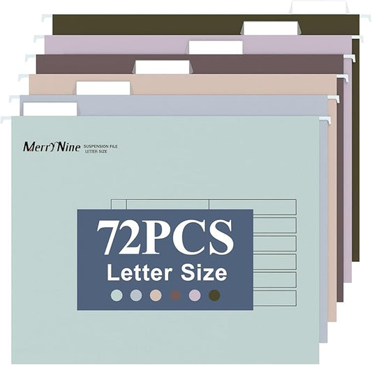 Merrynine 72pcs Hanging File Folders Letter Size, Paper Filing Cabinet Folders Organizer with 1/5-Cut Tabs and Inserts, Suspension File Organizers for Office School Home Hospital, Assorted Colors