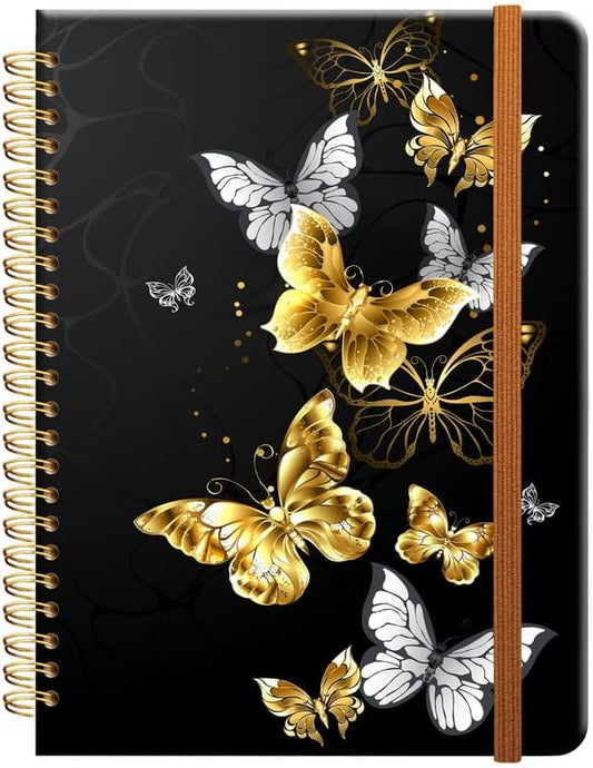 Ruled Spiral Writing Notebook,A5 Hardcover Lined College Journal for Women Lady Girl,Strong Twin-Wire Binding with Premium Paper,8.4" X 6",Perfect for School,Office,Home Gifts(Gold Butterfly)