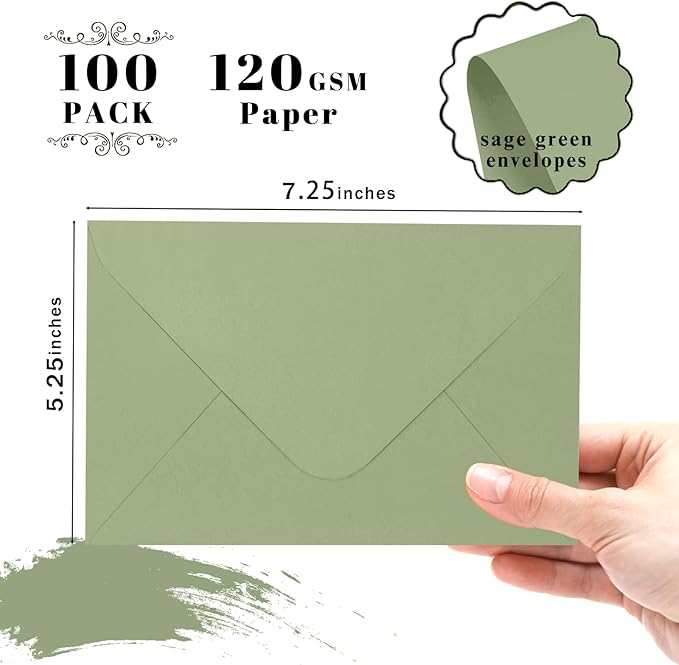 A7 Sage Green Envelopes 100 Pack, Goefun 5x7 V Flap Printable Envelopes for Invitation, Gift Cards, Birthday, Graduation, 5.25 x 7.25 in, 120GSM