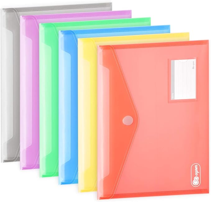 24 Pack Folders Plastic Envelopes, Colorful Plastic File Folders for Document, Letter A4 Size Poly File Envelopes with Label Pocket, Hook & Loop Closure for School Home Work Office Organizer, 6 Colors