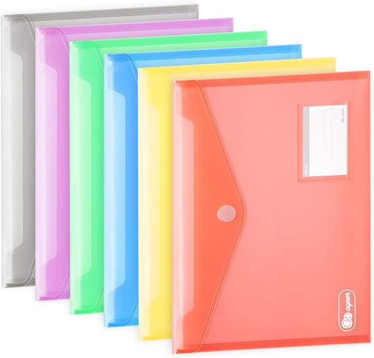 24 Pack Folders Plastic Envelopes, Colorful Plastic File Folders for Document, Letter A4 Size Poly File Envelopes with Label Pocket, Hook & Loop Closure for School Home Work Office Organizer, 6 Colors