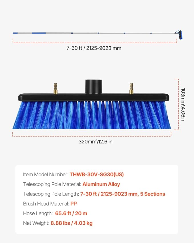 VEVOR Water Fed Pole Kit, 30FT Solar Panel Cleaning Pole with Extendable Handle, 180° Rotatable Brush Head & 65.6FT Hose, Household & Outdoor Window Cleaner Tool for Caravan Solar Panel Deck