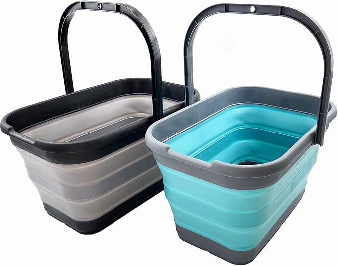 SAMMART 12L (3.1 Gallon) Collapsible Rectangular Handy Bucket/Multiuse Foldable Water Pail for Camping, Fishing (Alloy Grey + Crystal Blue (Set of 2))