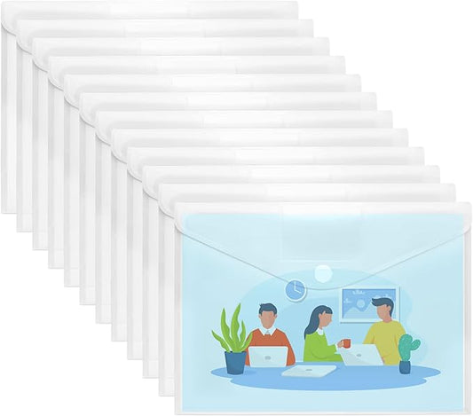 SUNEE 12 Pack Plastic Envelopes, Clear Folders for Document for A4 Letter Size, Poly File Folders with Label Pockets for School Home Office Organizer Work Supplies