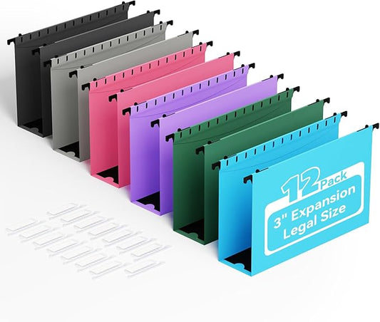 ANSOOK Plastic Legal Size Hanging File Folders,Heavy Duty 3 Inch Expansion,12 Pack Expanding File Folder,File Cabinet Folders with Insertable Tabs,Color Accordion File Organizer for Office Home School