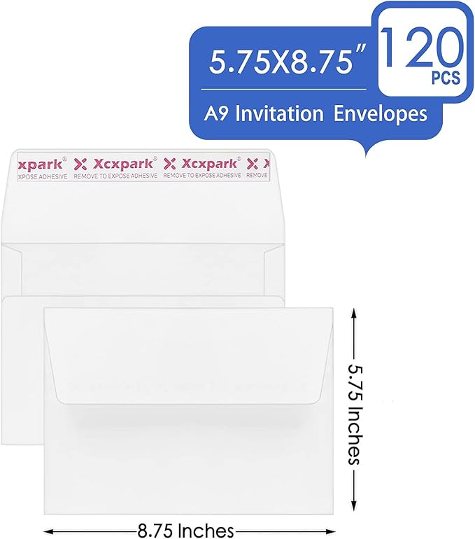 120 Qty Printable A9 Invitation Envelopes 5.75x 8.75 Cards, Self Seal 120GSM white Paper Envelopes for Invitations, Papers, Photos, Documents, Wedding, Baby Shower, Easy to Seal and Peel