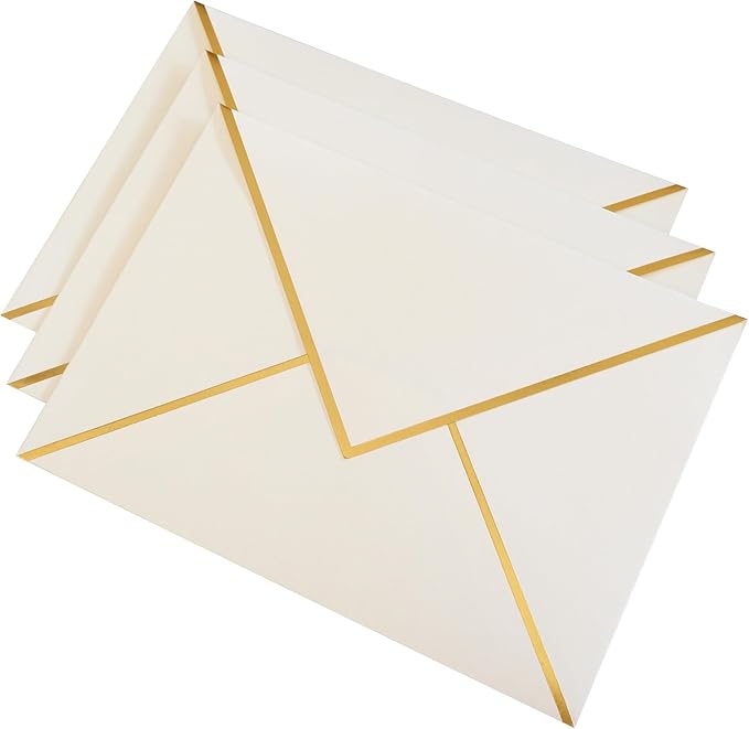 A7 Envelopes - V Flap Foil Border Luxury Mailing Envelopes for 5" x 7" Cards - for Wedding, Invitations, Baby Shower, Photos, Graduation, Birthday, Bridal Shower - 5.25" x 7.25" (Ivory, 50 Pack)