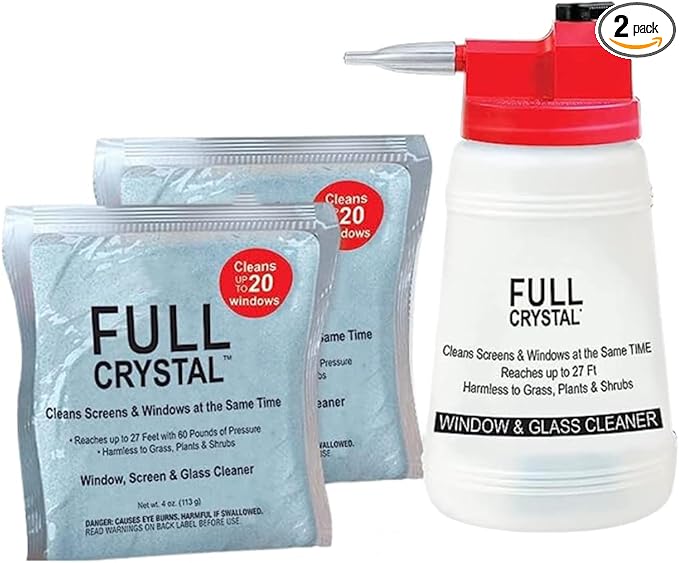 Full Crystal Window Cleaning Kit- 8 oz Glass Cleaner and Bottle with 27ft Reach will clean up to 40 Windows- Scrub Free, Rinse Free Glass Cleaner Spray Removes Dirt, Grime and Water Deposits