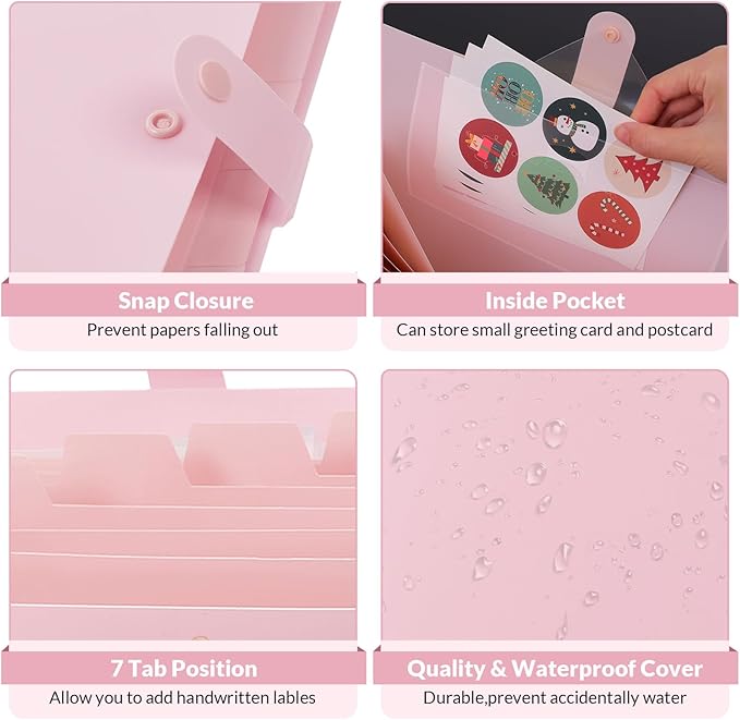 SKYDUE Expanding File Folder, Accordion File Organizer with 8 Pocket & Inner Card Pocket, Expandable Document Paper Receipt Holder for School Office Hospital, Letter/A4 Size Pink