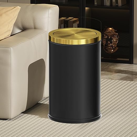 Black and Gold Bathroom Trash Can,Bathroom Trash can with Swing Lid，Small Trash Can with Flipping Lid, 4.8gal Garbage cans for Bedroom,Living Room, Guest Room,Office,Hotel(4.7gal-Black)