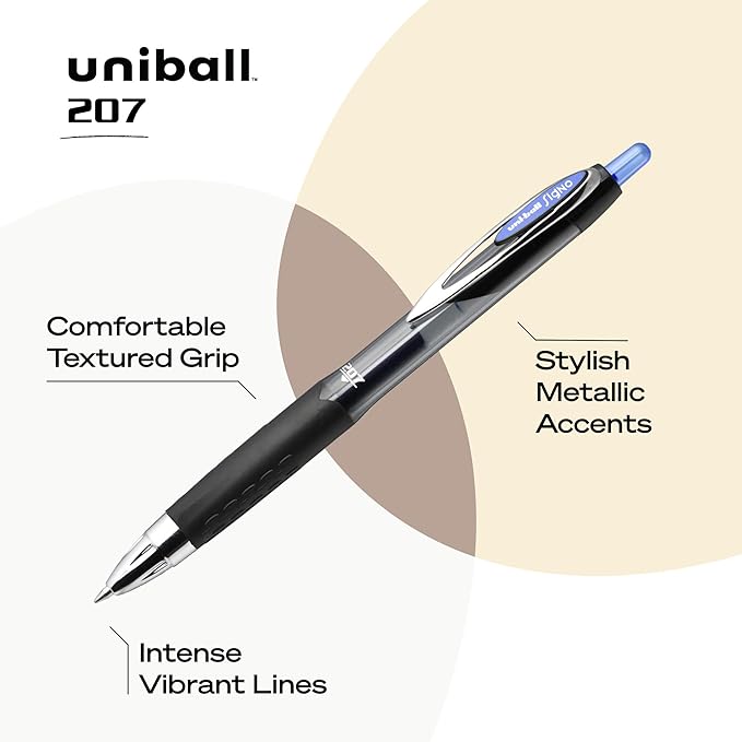 uni-ball 207 Retractable Gel Pens Medium Point, 0.7mm, Blue, 12 Pack