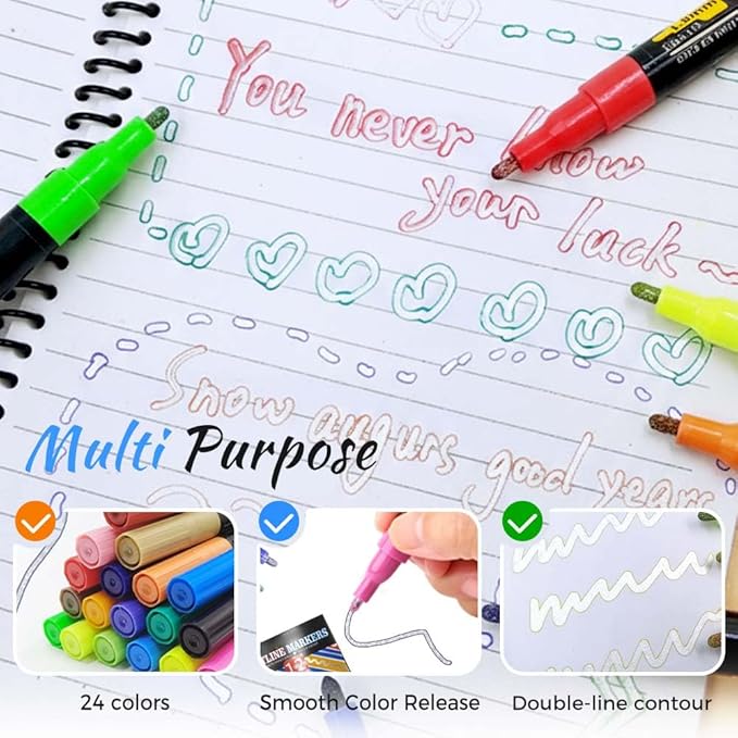 Marker Pen for Highlight, 2025 New Metallic Border Self Outline Pens, Children Art Creation Double Line Outline Markers, Festival Party Supplies Convenient for Posters, Painting Creations (24 color)