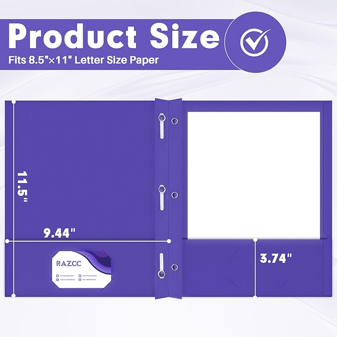 Two Pocket Folders, RAZCC 75 Pack Two Pocket Folders with Prongs, 3 Prong Folders Fit Letter Size Paper, Pocket File Folders for School Office Home Business, Purple