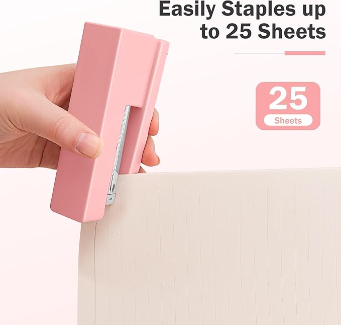 1 Desktop Stapler & 1 Tape Dispenser - 25 Sheet Capacity with 830 Staples and Staple Remover, Non-Slip for Office,School, Home & Classroom, Pink(Tape not Included)