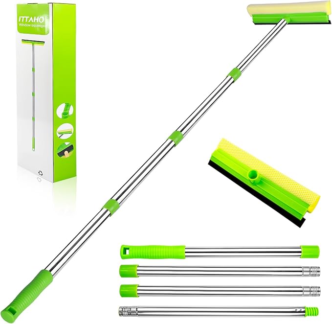 ITTAHO Window Squeegee, Squeegee for Window Cleaning, 2 in 1 Squeegee Window Cleaner with 58'' Long Handle,Window Washing Kit with Extension Pole for Shower, Windshield, Mirror, Gas Station, Glass