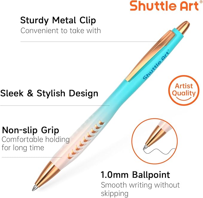 Shuttle Art Fancy Pens Gift Set, 12 Pack Colored Retractable Black Ink Ballpoint Pens, Cute Pens 1.0mm Medium Point Waterproof Elegant Gift Set for Writing Journaling Note Taking School Office Home