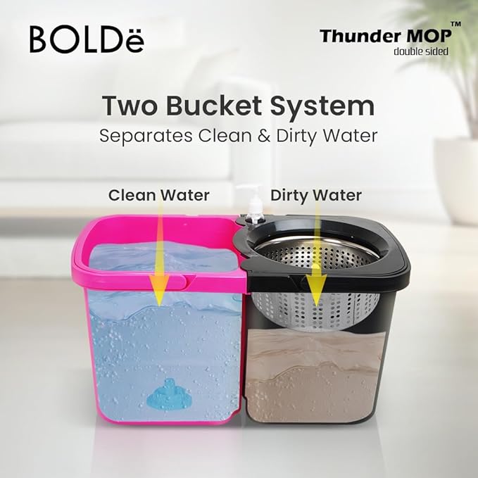 BOLDë Thunder Mop Spin System -Double-Sided- 2 Compact Stackable 6L Buckets, Microfiber Head, Stainless Steel Wringer, Antifungal Quick-Dry Cleaning, Soap Dispenser, 3 Free Refills (Lime/Forest Green)