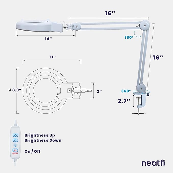 (New Model) Neatfi LED Magnifying Lamp with Clamp, 12W, 60 SMD LEDs, Adjustable Step Dimming Brightness, Desk Lamp Magnifier Light for Crafts, Painting, and Hobbies (White, 5-Diopter)