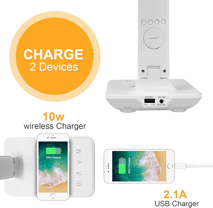 Desk Lamp with Wireless Charger: USB Charging Port, Table Lamp with Clock, Desk Lamps for Home Office College Dorm Room Essentials