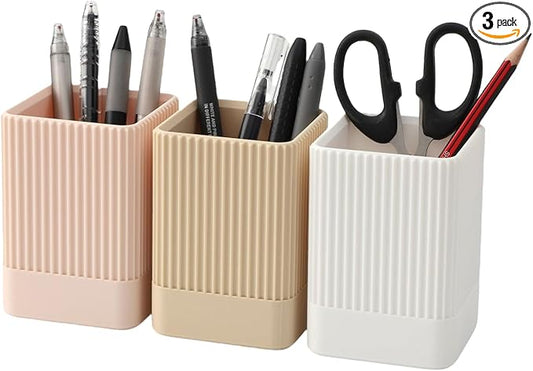 3 Pack Aesthetic Pen Holder for Desk-Sturdy Plastic Pencil Holder - Stylish Makeup Brushes Cup for Women Girls - Cute and Functional Desk Organizer for Office Supplies - Modern Office Decor Pen Cup