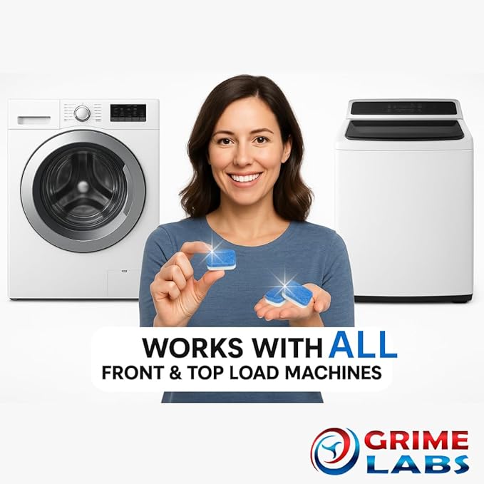 GRIME LABS Washing Machine & Dishwasher Cleaner Tablets Bundle – 12-Month Supply | Deep Cleaning & Deodorizing Tablets for Dishwashers & Washing Machines | 48-Tablet Set – Value Pack