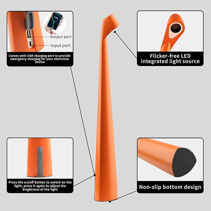 Portable Cordless LED Desk Lamp, Rechargeable Wireless Table Lamp, 3-Level Brightness, Patio & Bedside Night Light, Dining Room Ambient Reading Light (Orange)